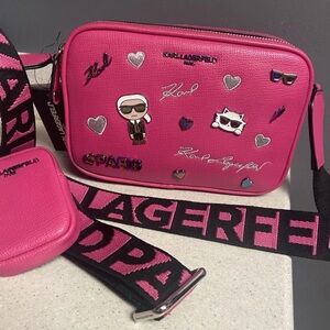 KARL LAGERFELD MAYBELLE Crossbody Bag Hot Pink Zipper Close Purse With Pins New